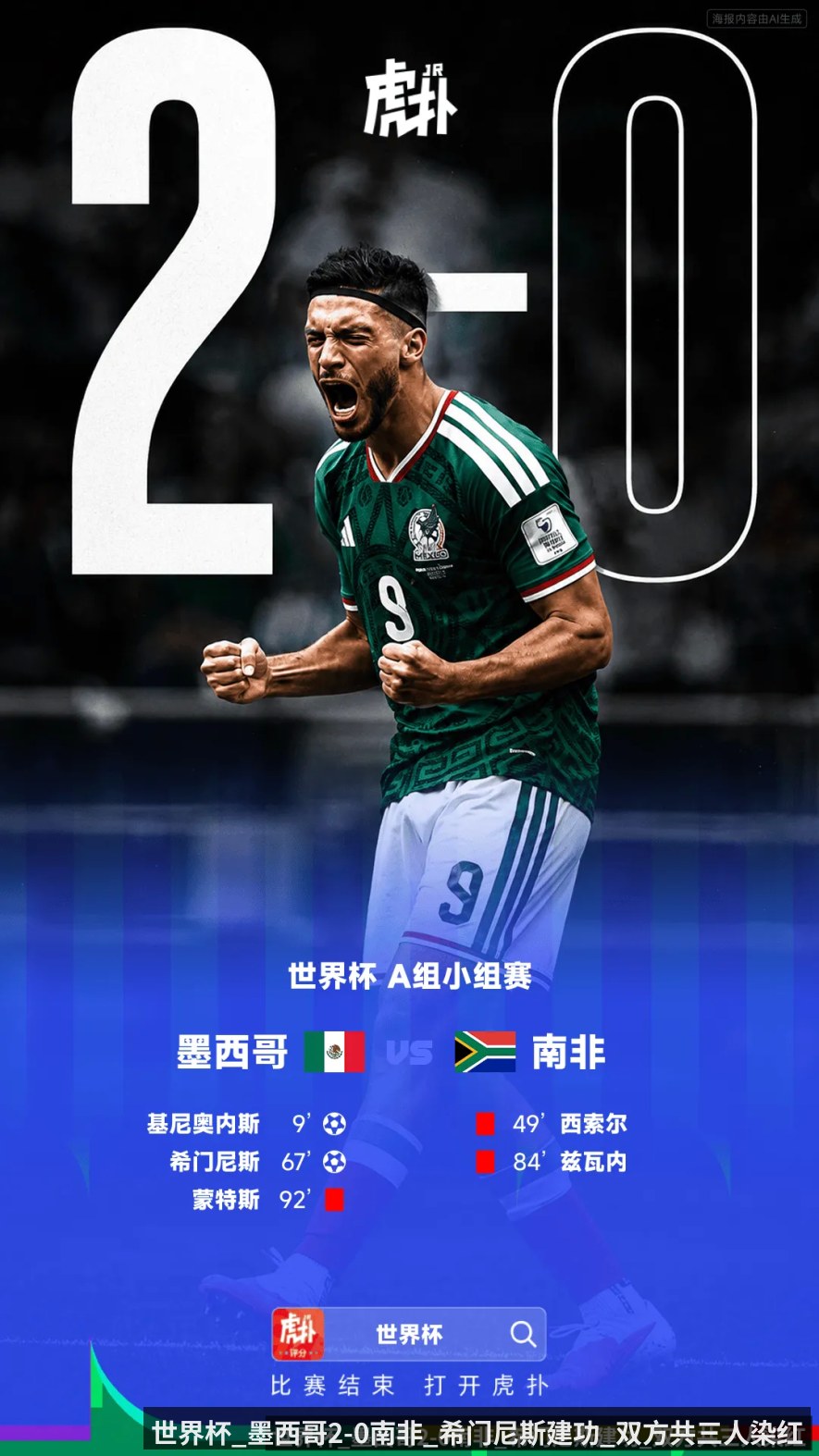 世界杯_墨西哥2-0南非_希门尼斯建功_双方共三人染红